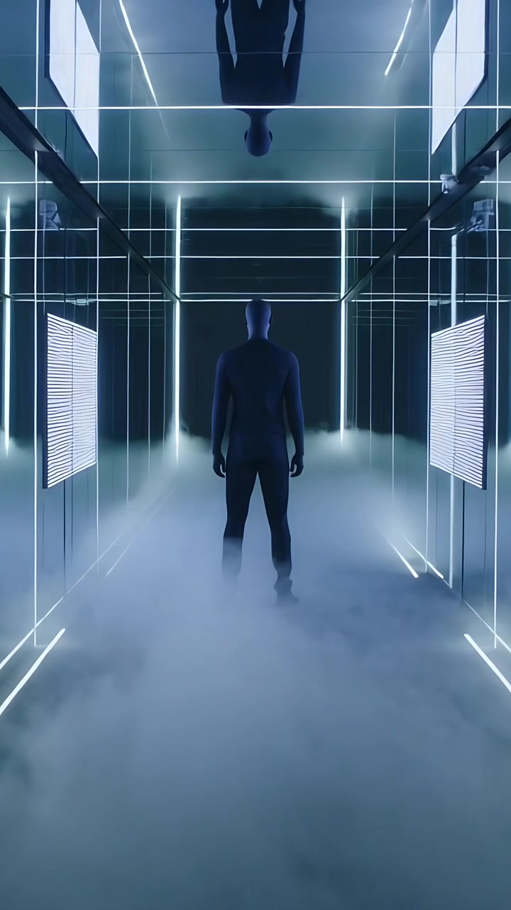 Vertical video: Standing man in black suit posing in mirror hall as fog machine making fog for art
