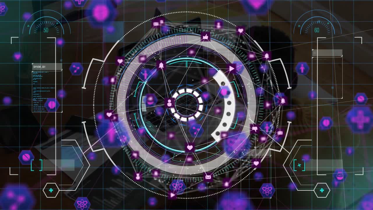 Tech transparent HUD popping up driving rotating nodes linking social medical icons for aggregation