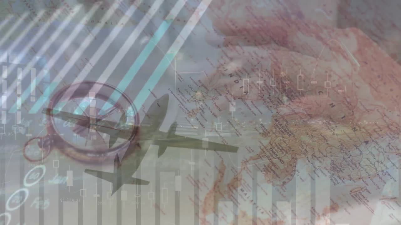 그래프, 데이터 및 평면의 애니메이션 키보드에 타이핑하는 백인 남자의 손을 통해