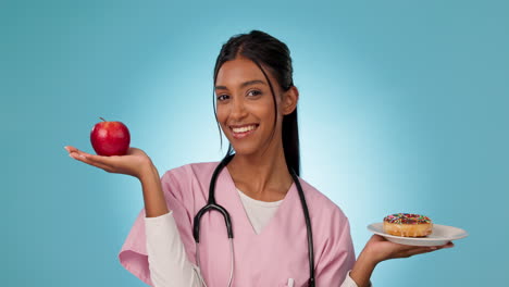 woman, doctor and choice of diet in hands