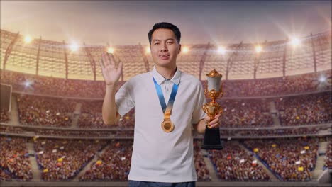 asian man with a gold medal and trophy waving his hand and smiling to camera as the first winner at the stadium