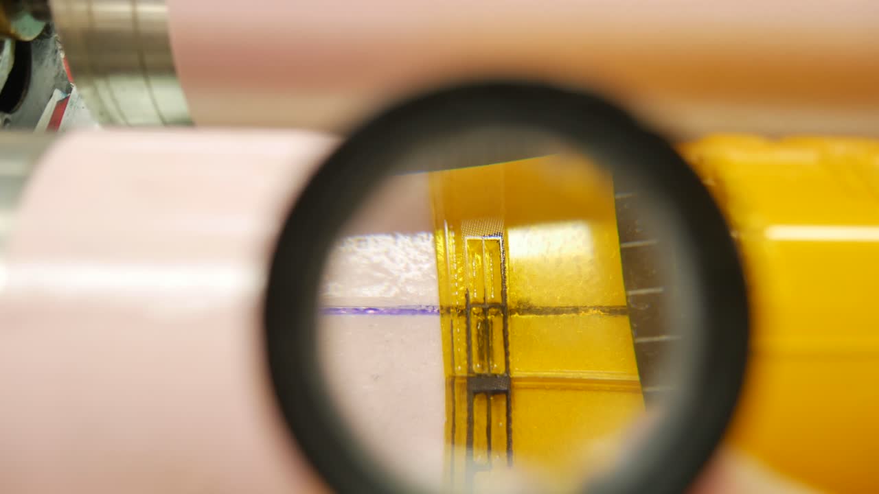thread count or large magnification magnifying glass to see in detail the union of the templates placed before printing, industry and machinery to make chain production