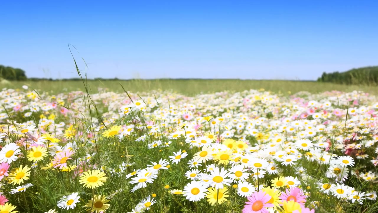 Campo di margherite baciato dal sole che si estende fino all'orizzonte, un tappeto di fiori bianchi, gialli e rosa, steli d'erba ondeggianti.