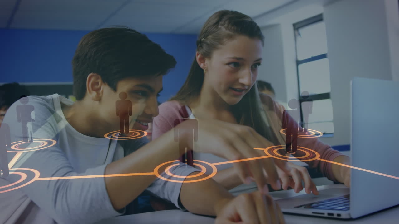 animación de la red de conexiones con iconos sobre los estudiantes en la escuela