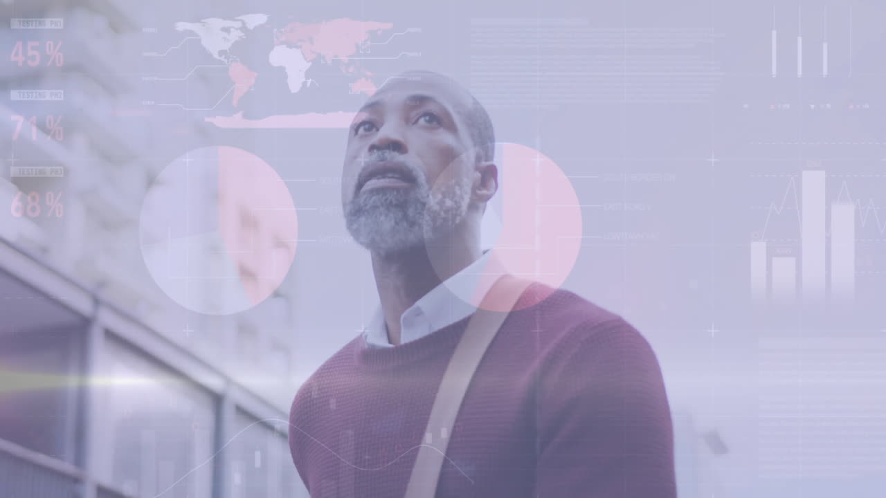 Animation of diagrams and data processing over african american man walking in city