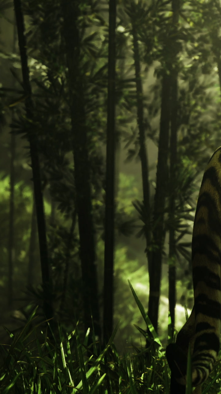 Tiger walks through green forest with bamboo in sunlight