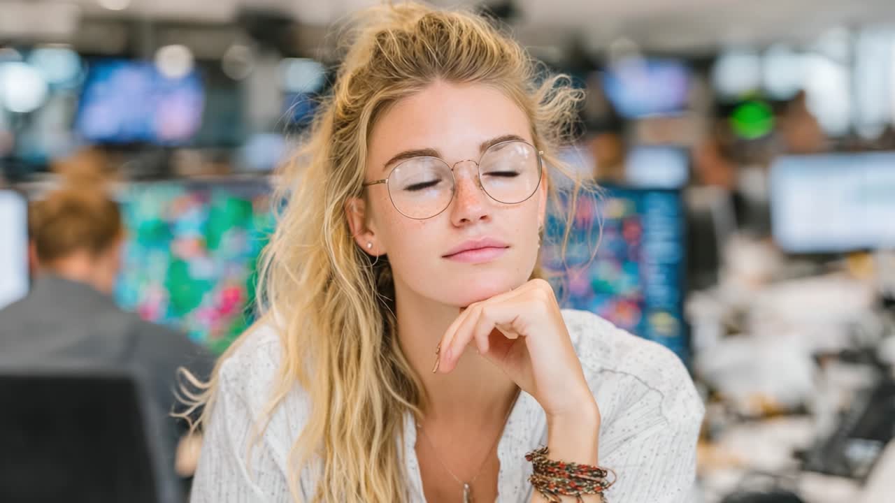Jovem reflexiva em um ambiente de escritório moderno: capturando um momento de reflexão em meio a telas digitais e tecnologia vibrante