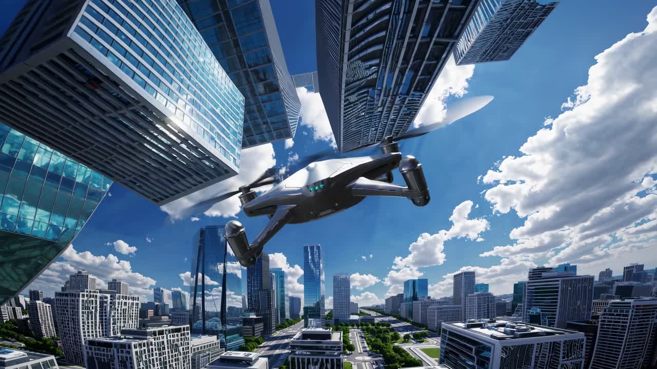 Dynamic aerial video shot of a drone flying through a futuristic cityscape