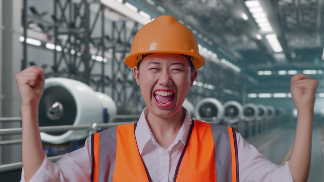 Nærbilde av en asiatisk kvinnelig ingeniør med vernehjelm, som roper «Mål!» og feirer mens hun jobber, ved en produksjons- og monteringslinje for flymotorer i en moderne fabrikk.
