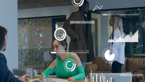 Animation of financial data processing over diverse business people in office