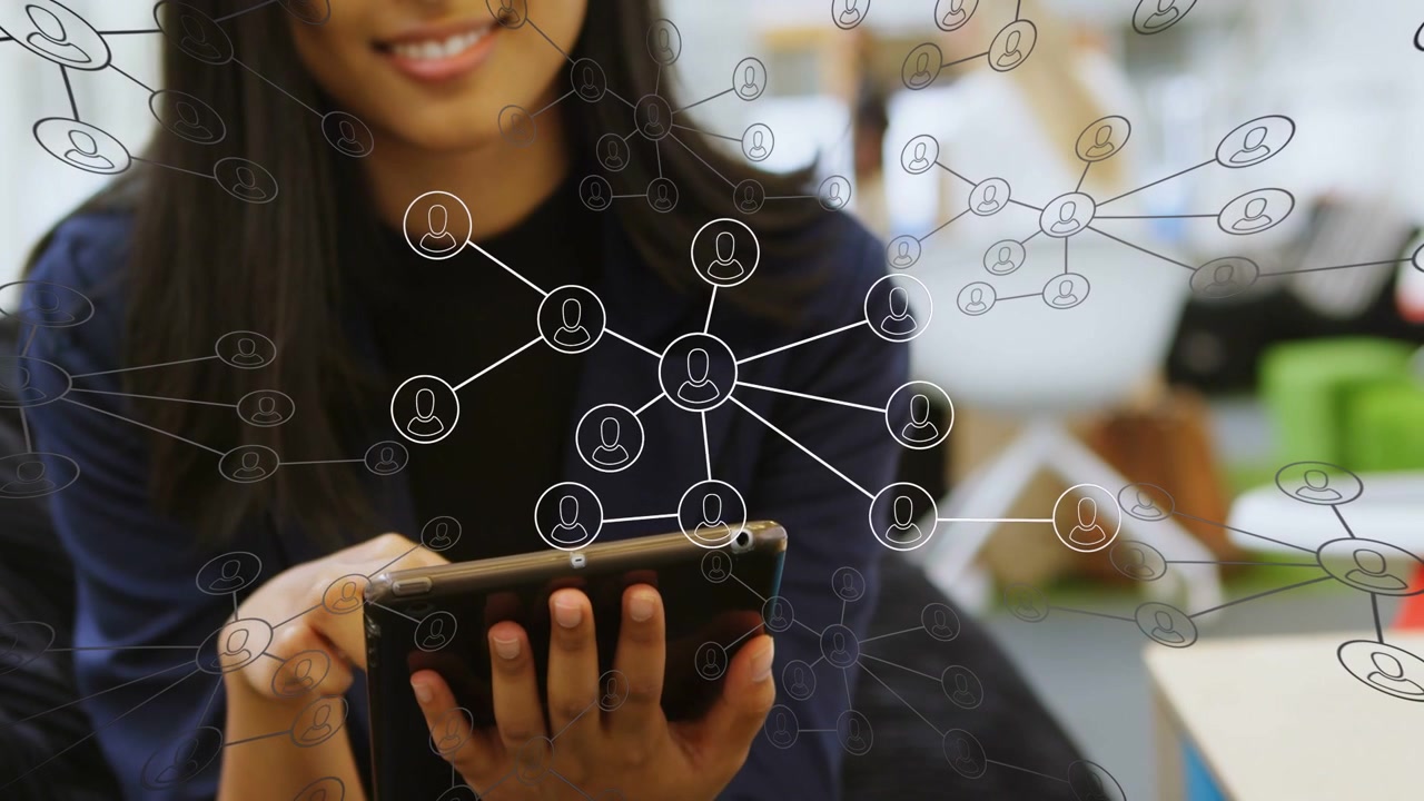 Woman tapping tablet, causing network overlay appearing, filling, easing over hands for design