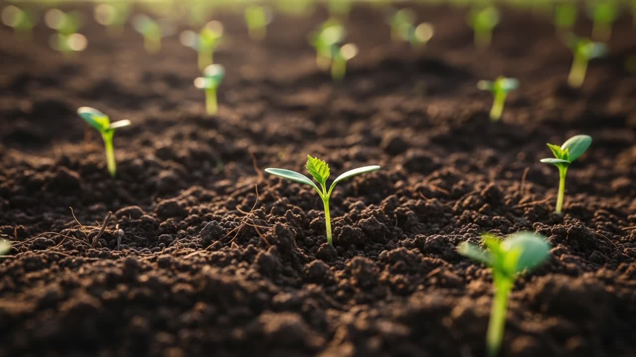 A Close-Up View of Young Seedlings Emerging from Rich Dark Soil, Signifying Growth, Renewal, and the Promise of New Life in a Flourishing Garden Environment