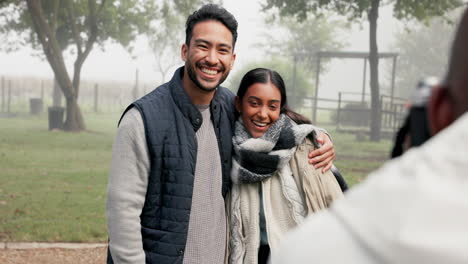 Couple,-smile-and-photographer-at-park-to-take