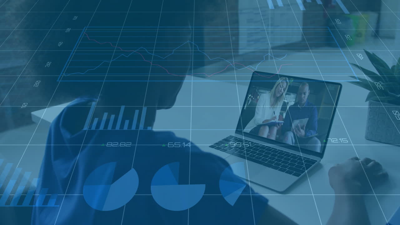 Animation of financial data charts overlaying people on video call on laptop