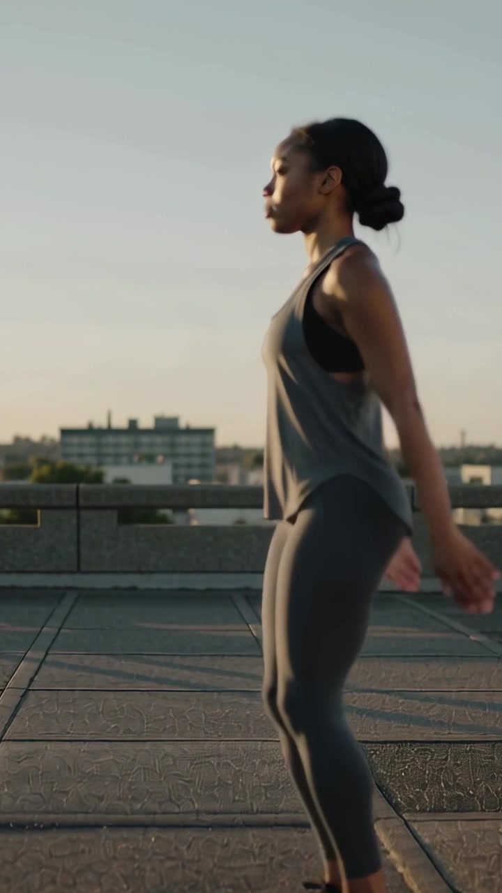 Video verticale: una donna esegue dei salti di riscaldamento su una terrazza al sorgere del sole, indossando un top grigio