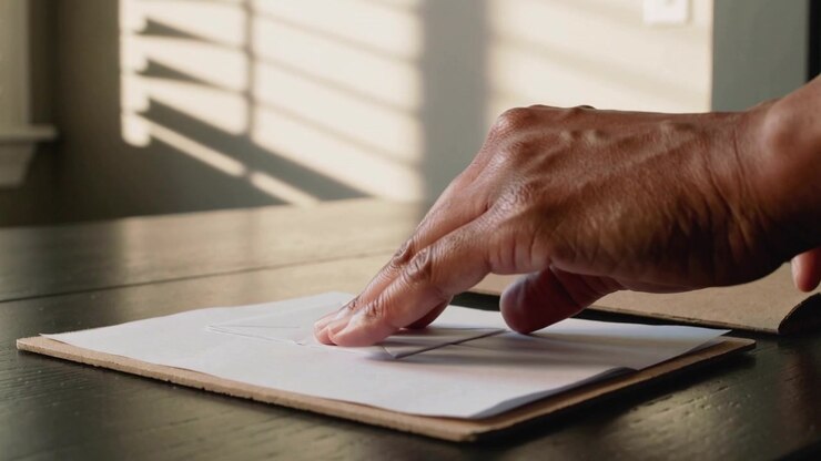 Reaching right hand picking folded triangle, smoothing crease on papers at wood table, seating fold