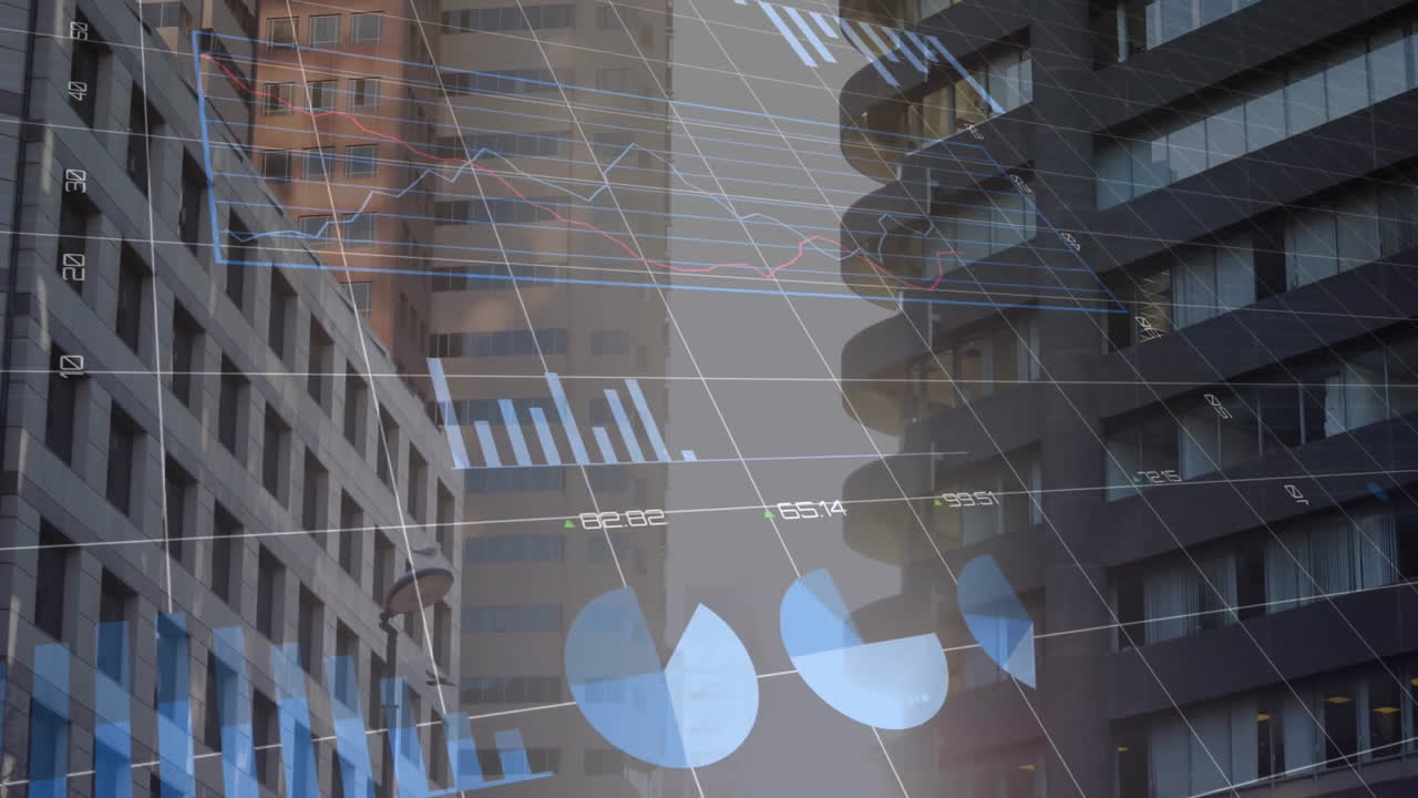 Animação de processamento de dados financeiros sobre a cidade