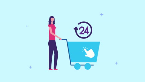 young businesswoman with shopping cart and 24 hours service