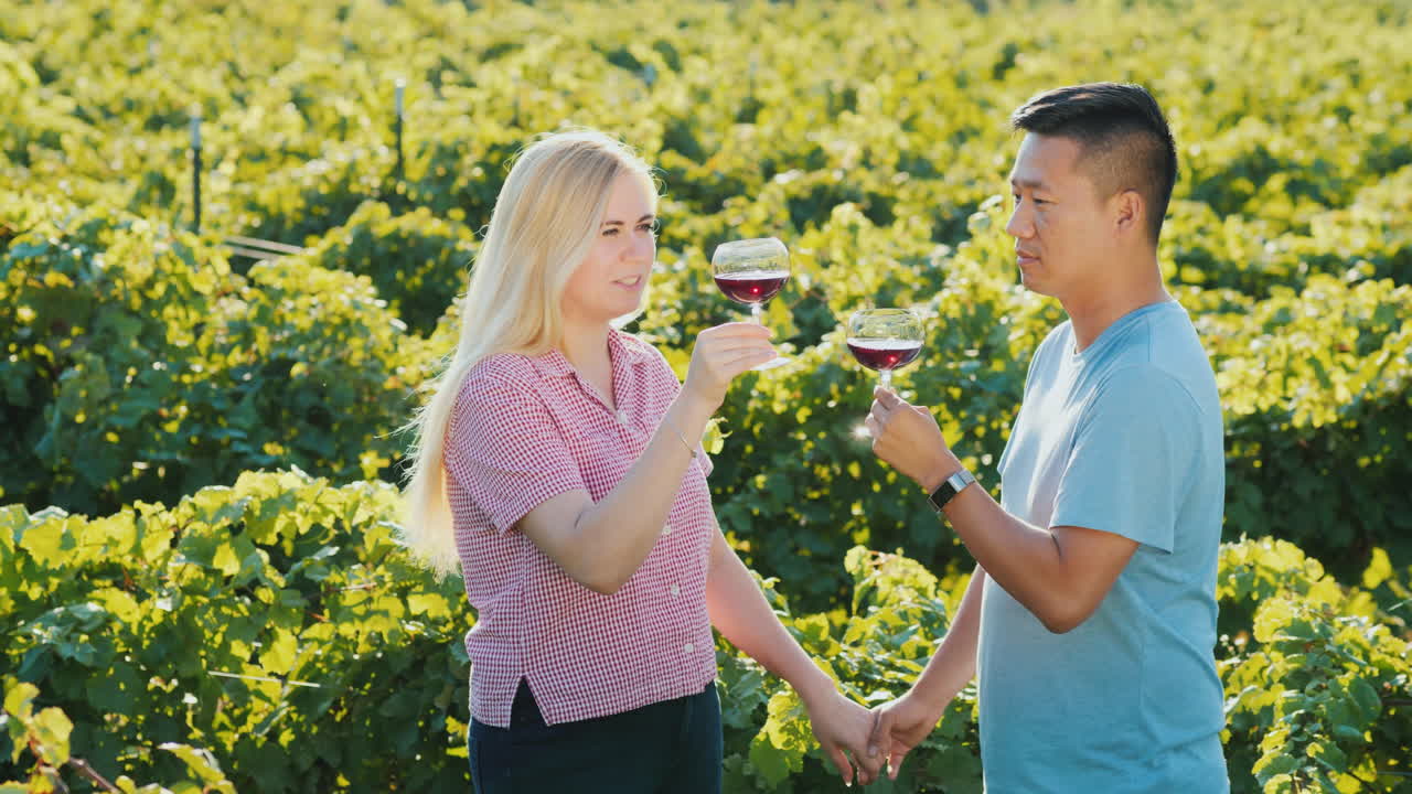 작은 와이너리 개인 시음 및 투에서 포도원 근처에서 와인을 시음하는 아시아 남자와 백인 여자