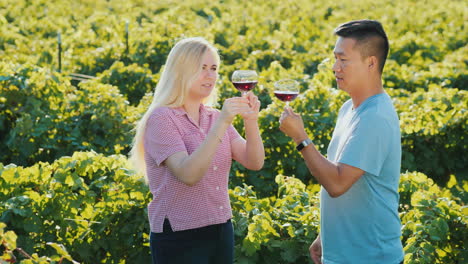 asian man and caucasian woman tasting wine near a vineyard at a small winery private tasting and tou