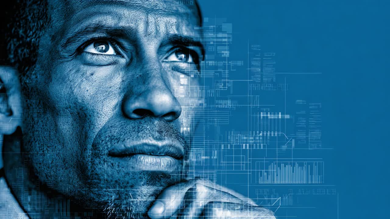 A Thoughtful Man Contemplating Future Innovations Amidst Digital Data Trends and Graphs Representing Technological Advancements and Insights