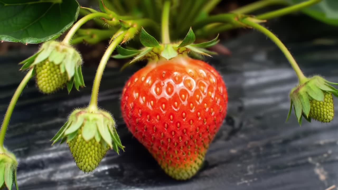 Vibrant Strawberry Plant with Ripening Fruit and Young Buds Showcased in Close-Up, Highlighting the Beauty and Freshness of Garden Produce