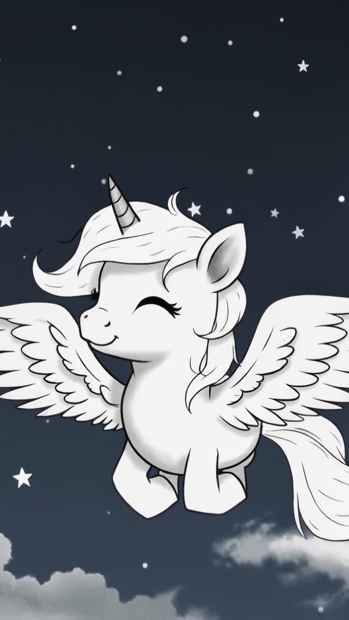 Animated Unicorn with Wings Flying Through a Starry Night
