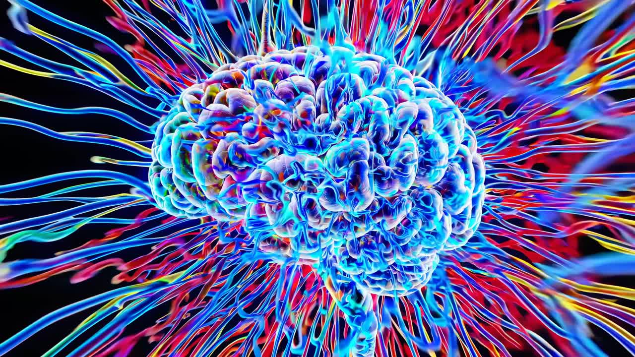 A vibrant, abstract video of a brain with colorful neural pathways