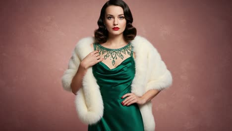a glamorous vintage fashion portrait featuring a model in a stunning green satin dress complimented by a luxurious white fur shawl, radiating elegance and sophistication