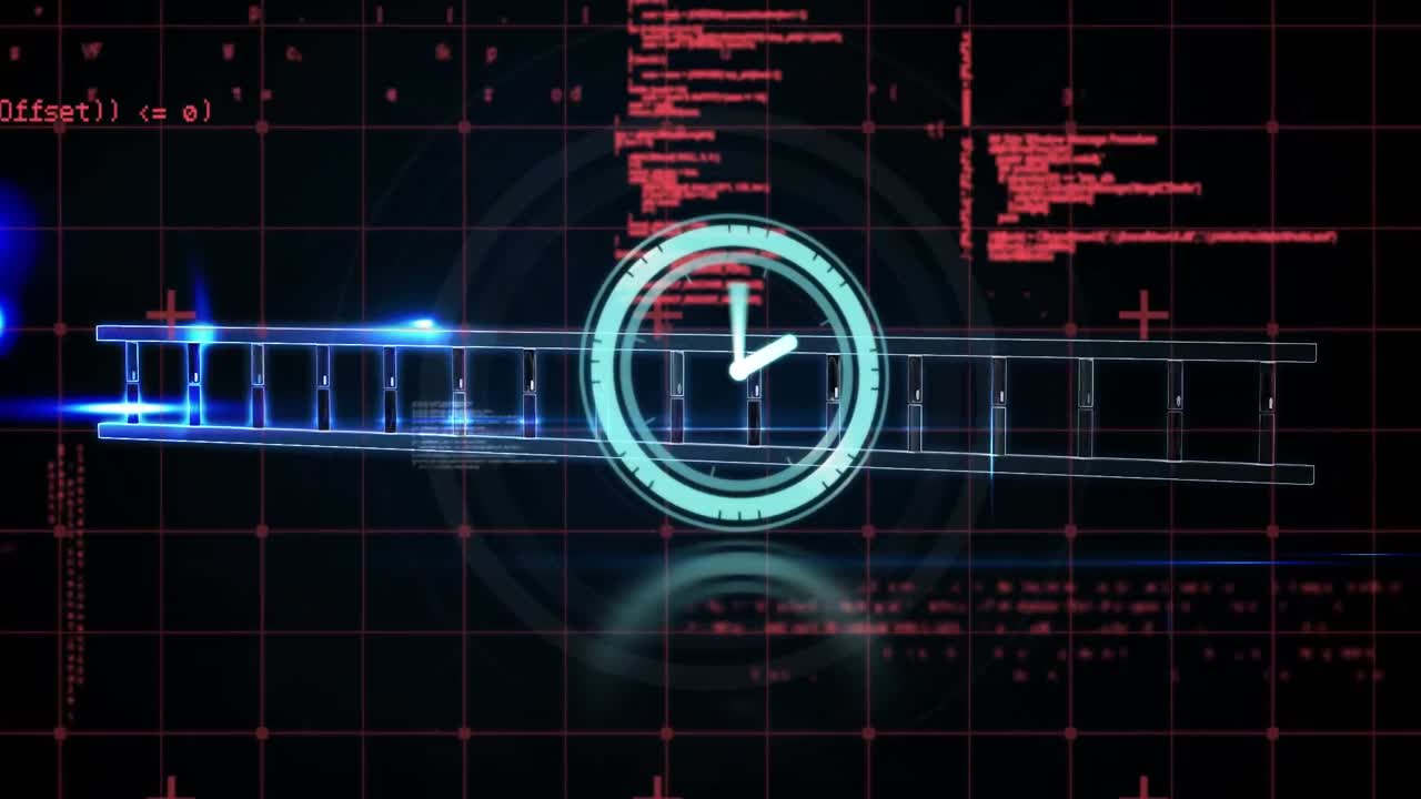 Animation of clock over science data processing on dark background