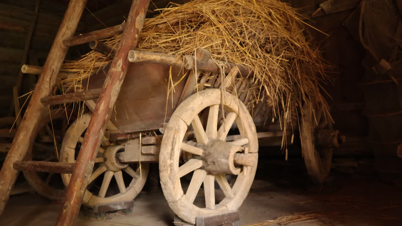 Low angle view of an old traditional and vintage wooden hay or silage wheat cart parked in an old wooden barn or shed farmhouse with hay stacked on top of it and a wooden ladder in front of it