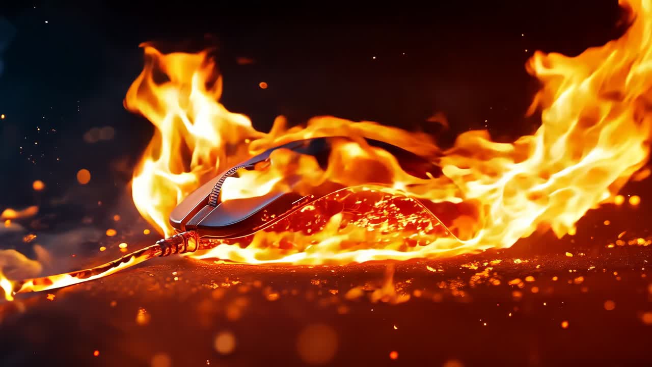 검은 바탕에 불타는 컴퓨터 마우스