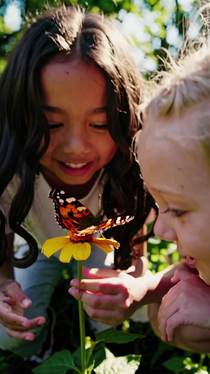 Close-up video shot of two children joyfully observing a butterfly on a flower