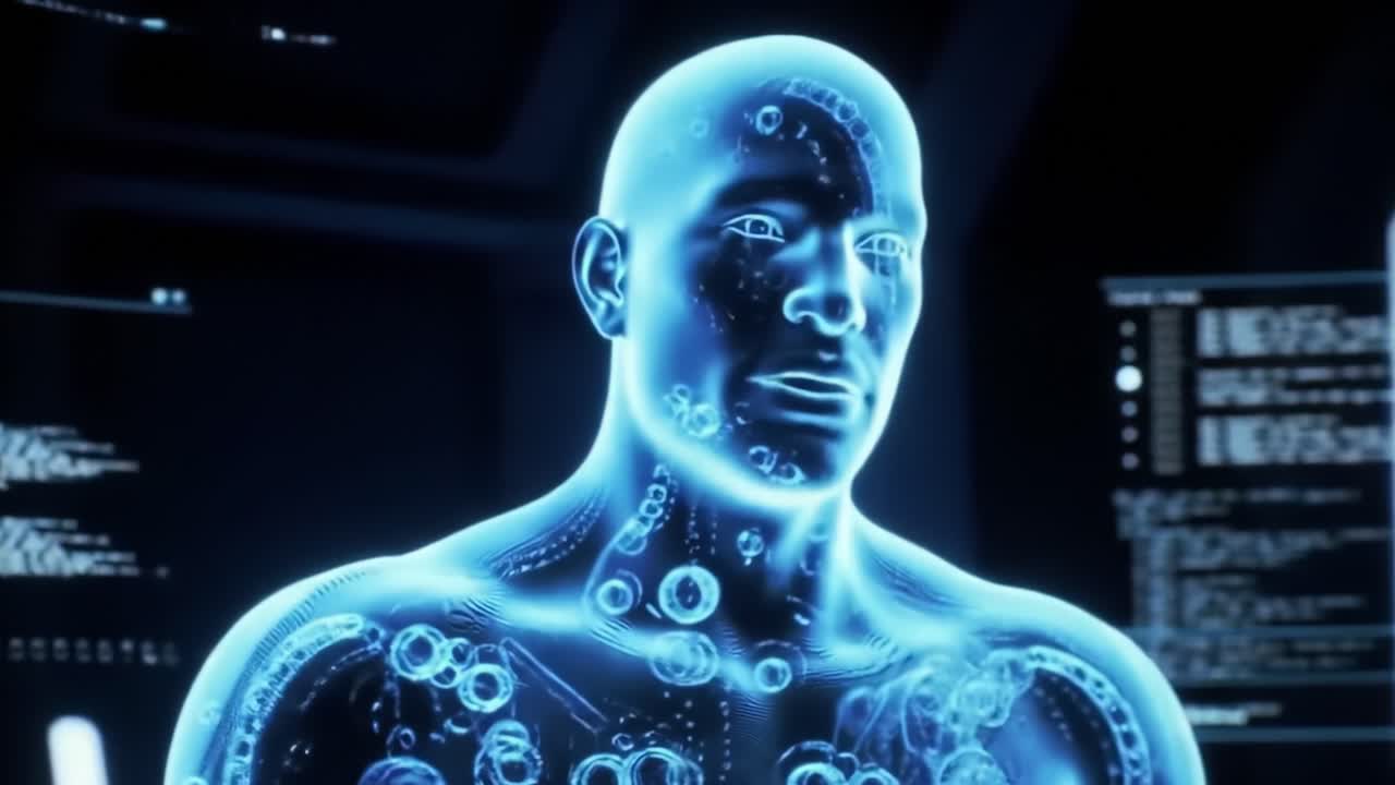 A digital representation of a human figure is displayed with glowing blue outlines, showcasing intricate details of anatomy and technology. The background features advanced computer interfaces.