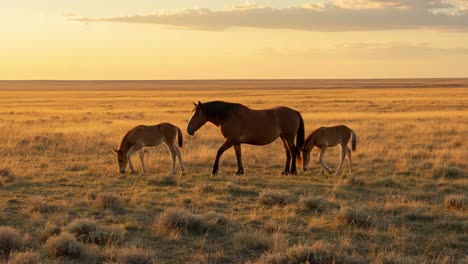 a serene sunset scene featuring a mother horse and her foals grazing in a vast, golden grassland under a tranquil sky