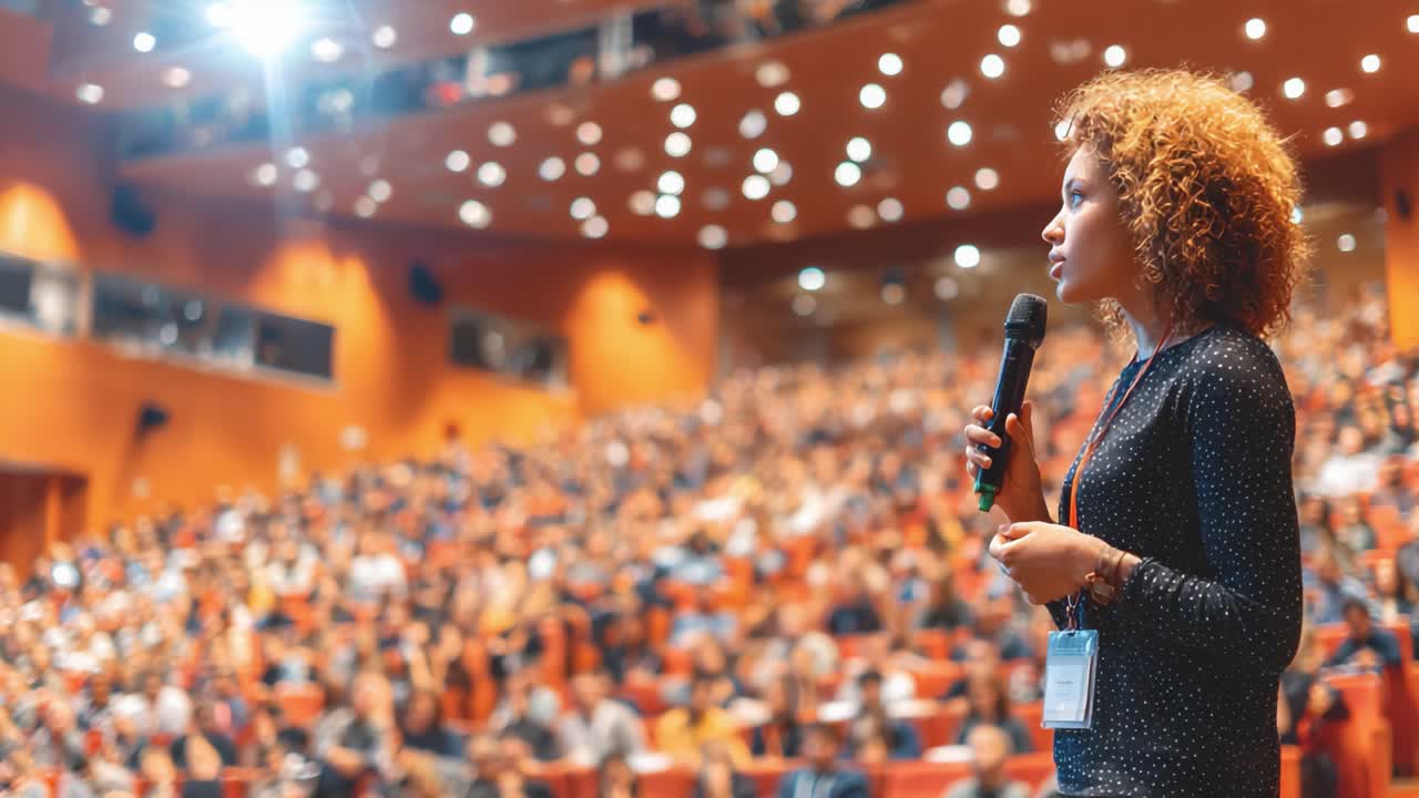 Un oratore coinvolgente si rivolge a un vasto pubblico in un auditorium moderno, catturando l'energia dinamica di un'esperienza di presentazione dal vivo.