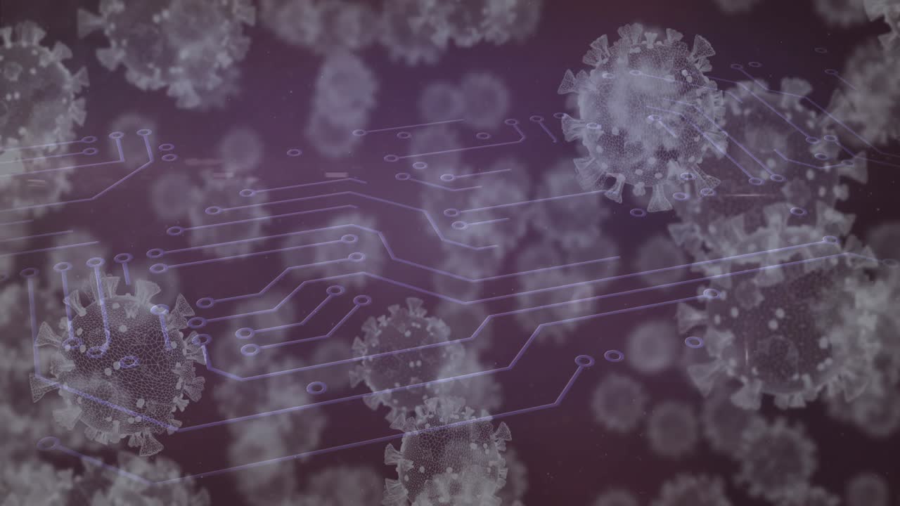 Signal pulsing along traces, particles drifting and glistening, showing hybrid micro-network