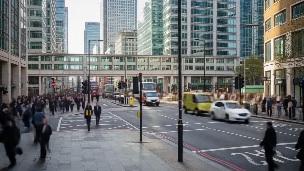 A bustling urban scene in a modern city with busy streets filled with pedestrians, cars, and towering skyscrapers showcasing dynamic city life and movement