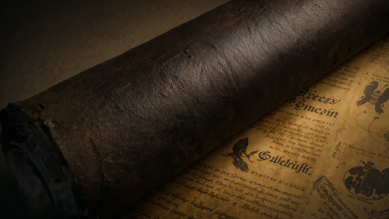 Gliding camera and warm light showing gothic text and heraldic crest on table under rolled tube