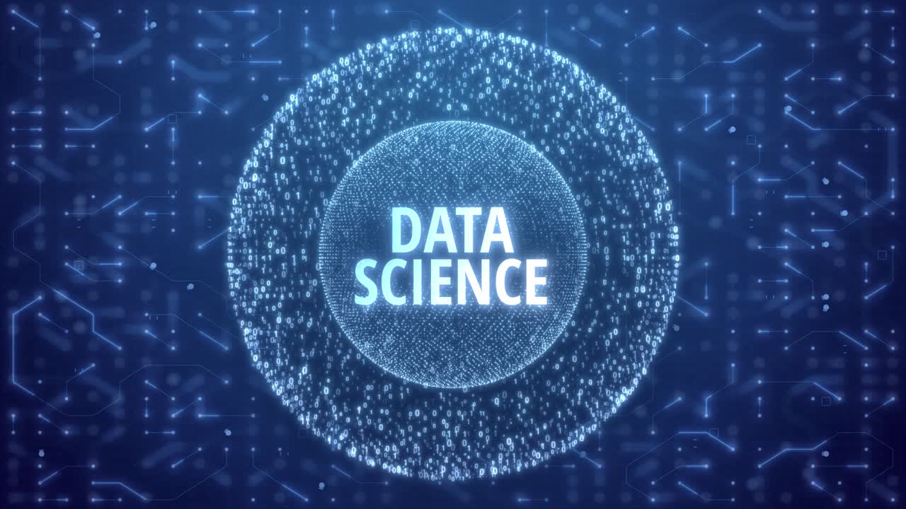 Data Science Concept over Matrix sphere on circuitry background. random numbers in form of sphere over circuit blue background