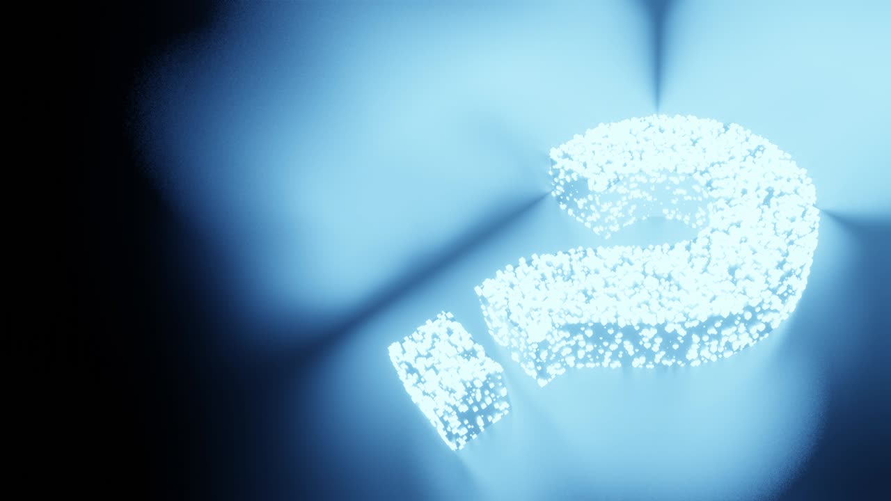 질문표와 기호 빛나는 미래 입자 3d 렌더링 큐브 다각형 패턴, 의심, 개인 정보 보호 및 보안 기술, 검은 바탕에 개념 디자인, 복사 공간과 함께 4k 애니메이션