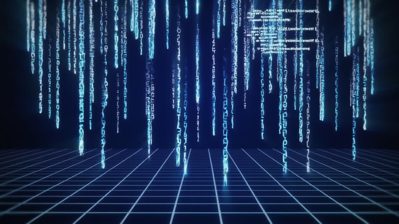 Abstract Digital Grid with Falling Blue Binary Code