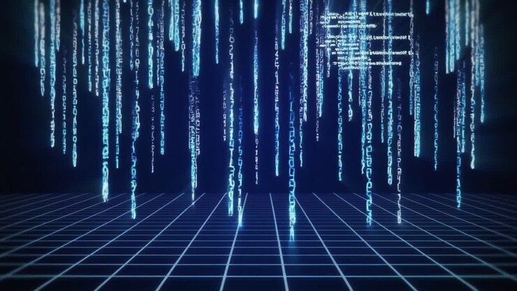 Abstract Digital Grid with Falling Blue Binary Code