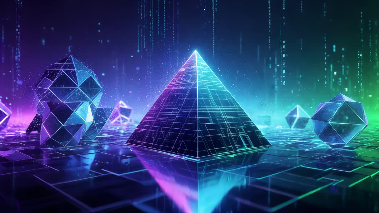 네온 조명과 기하학적 모양을 가진 디지털 피라미드