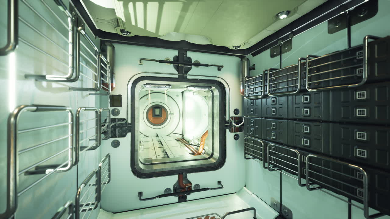 Interior of a space station module showing storage and airlock design