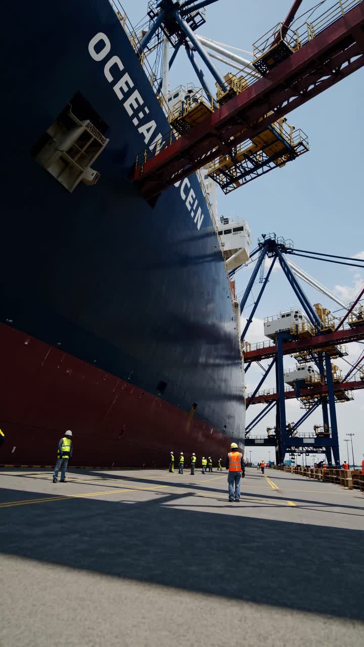 Low-angle video shot of a massive cargo ship docked at a port, with workers in safety gear
