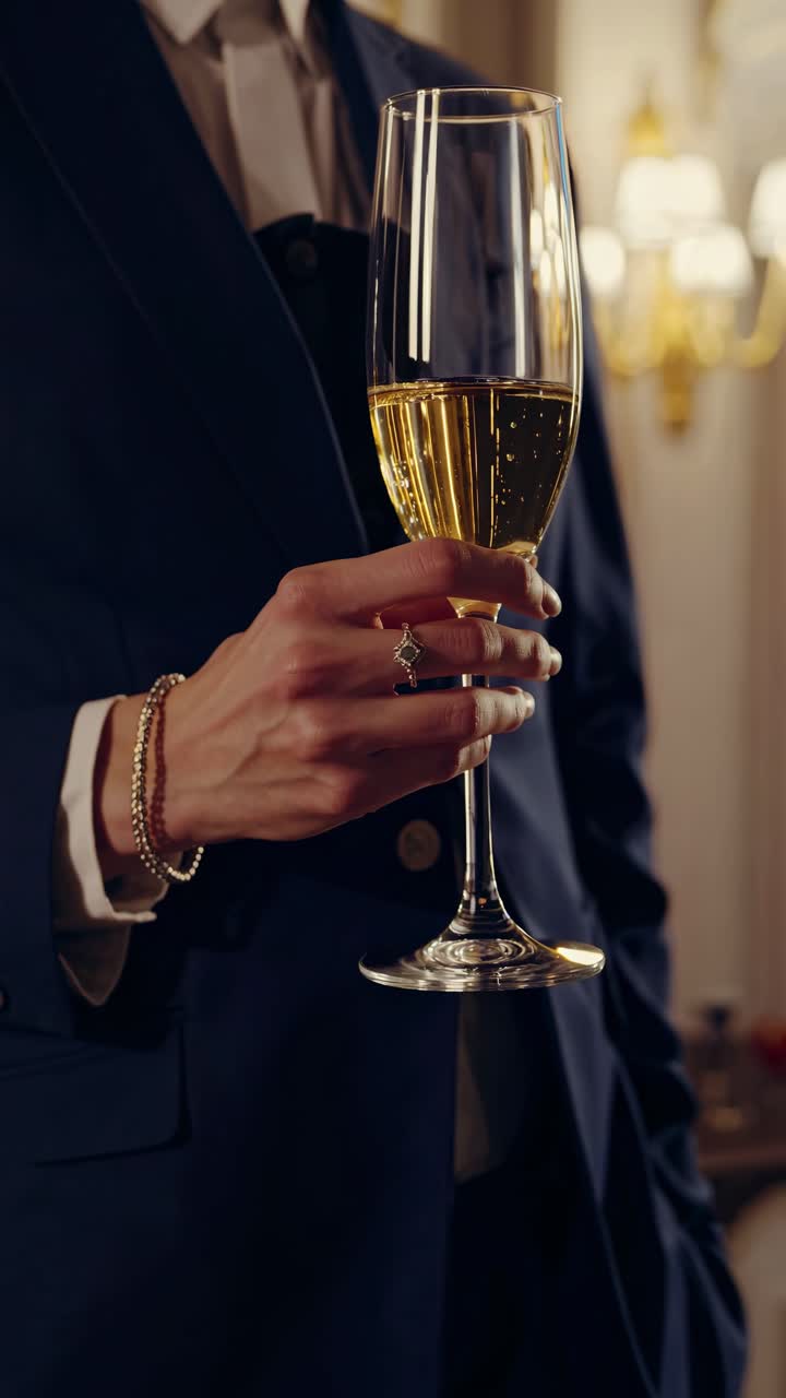Elegante fotogramma video di una mano che tiene un flute di champagne in un ambiente lussuoso
