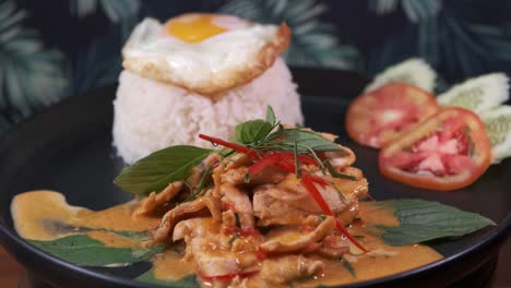 authentic thai red panang curry with fried egg, rice and sliced tomatoes and cucumber