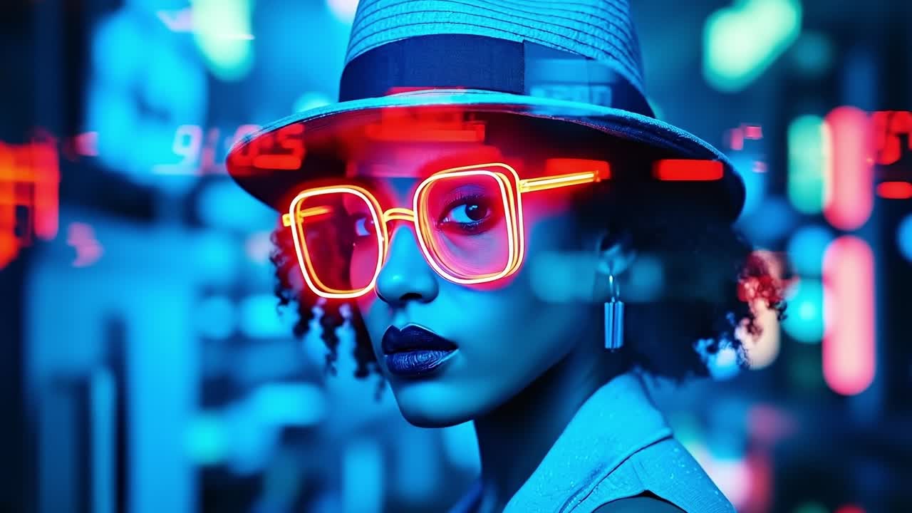 A woman wearing a hat and sunglasses in a city at night