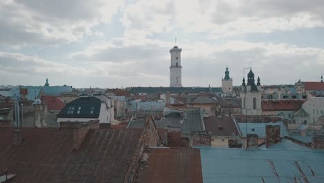 Aerial-City-Lviv,-Ukraine.-European-City.-Popular-areas-of-the-city.-Rooftops